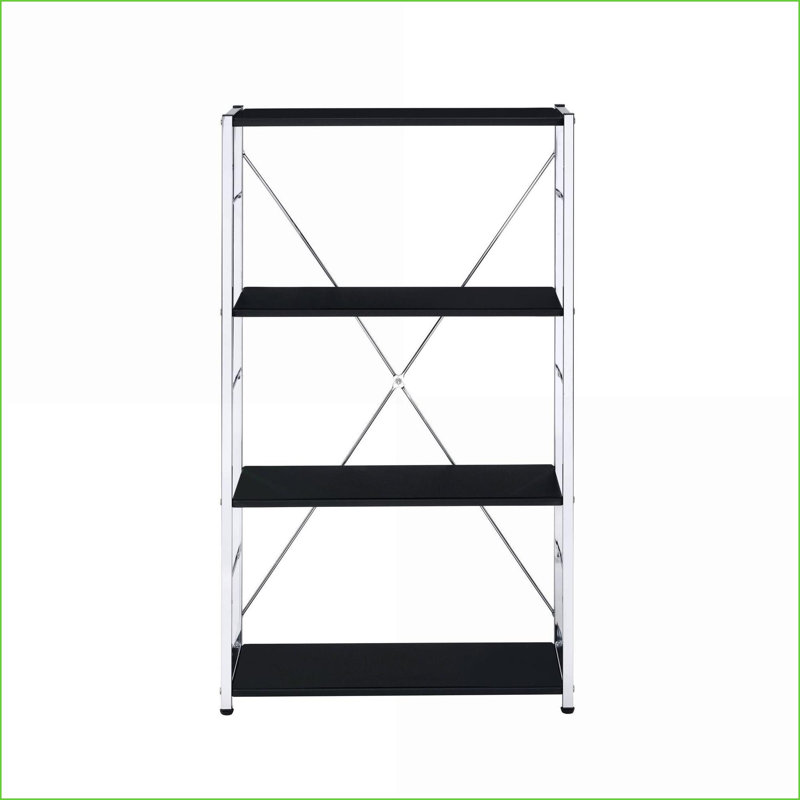 Bibliothèque contemporaine à 4 niveaux avec X-Bar, noir et amp; Cadre en métal chromé | Noir, chrome | Métal, bois synthétique