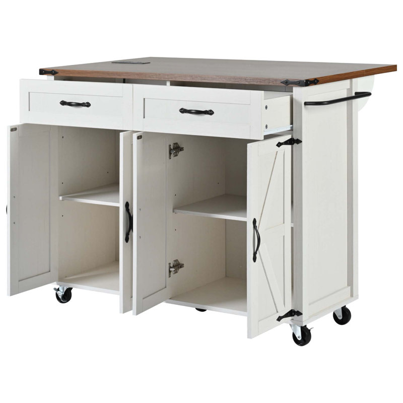Farmhouse-Style Rolling Kitchen Island With Drop Leaf, Built-In Power Outlets, Adjustable Shelving, Spice Rack, And Locking Wheels For Flexible Storage And Workspace.