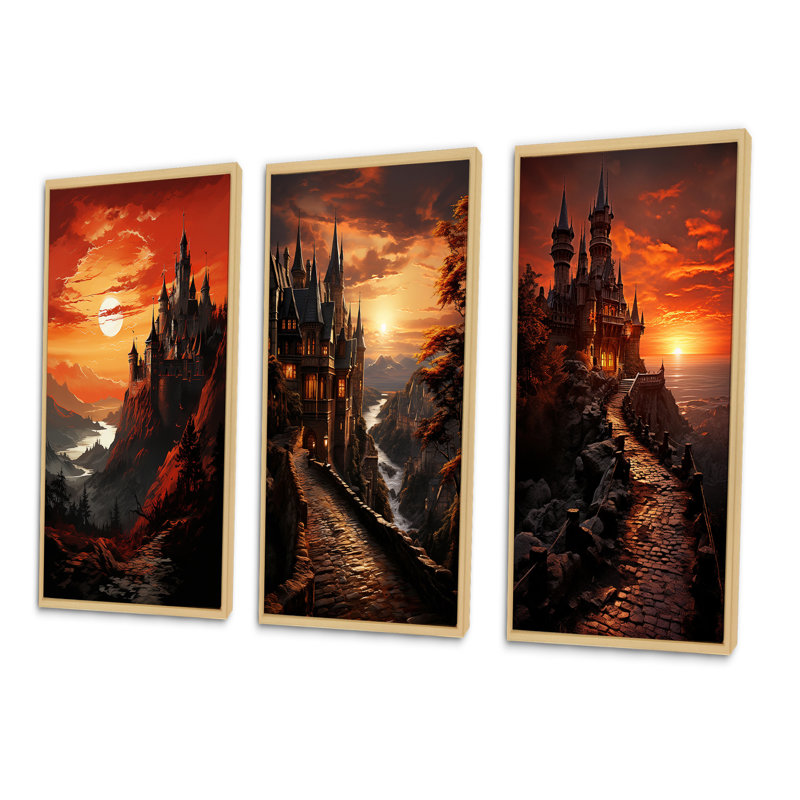 «Castles Sunset Silhouette», 3 pièces, Encadré naturel, H 40 po x l 60 po