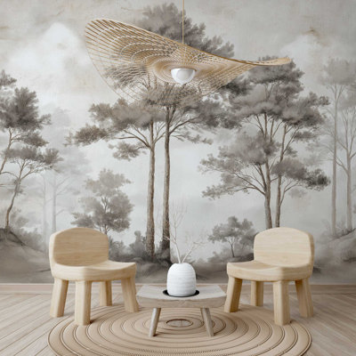 Murale croquis forêt brumeuse | Papier peint adhésif beige neutre | Décoration murale de salon amovible
