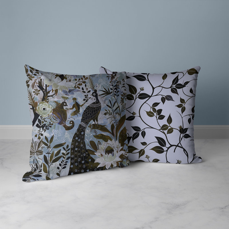 Coussin Jungle Tapisserie, H 16 po x l 16 po, Bleu / Vert