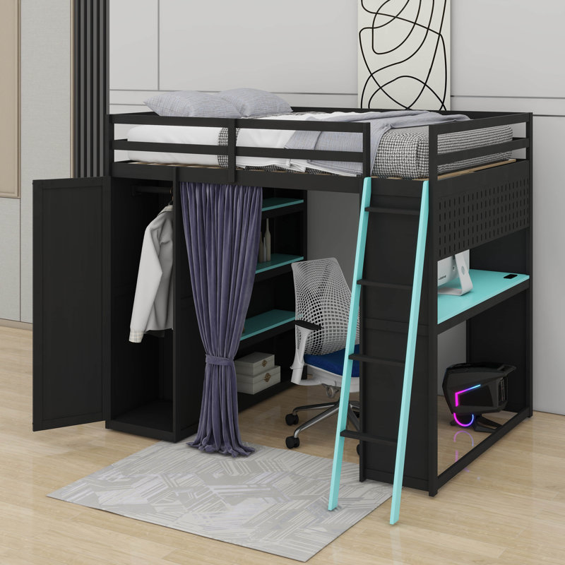 Full Size Loft Bed With,Wardrobe,Shelves,Blackout Curtains,And RGB Lights, Black/Blue