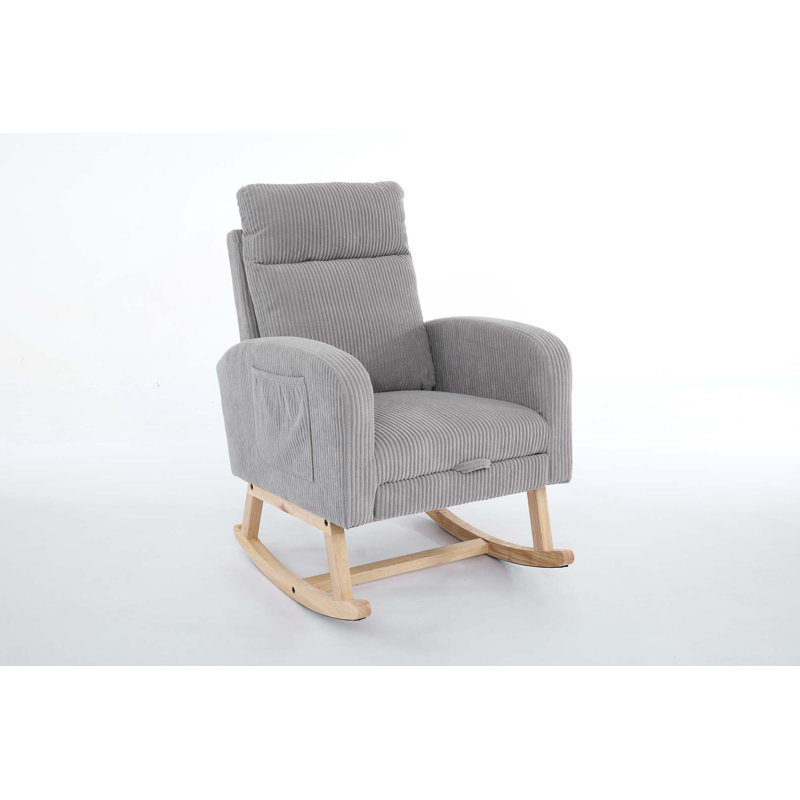 Chaise berçante moderne à haut dossier avec poche latérale pour le salon, Gris clair
