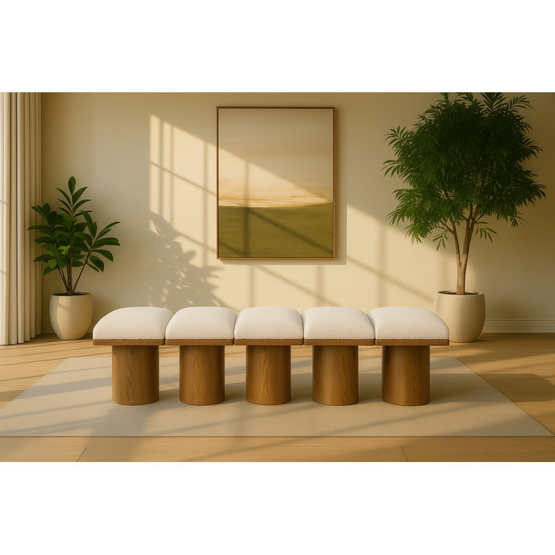 Banc rembourré Horatia, Tissu crème bouclé, Noyer brun, H 17,5 po x l 90 po x P 15,5 po