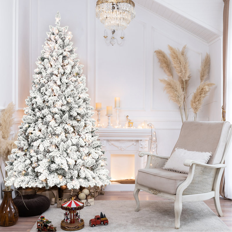 Arbre de Noël de 5 pi avec pointes enneigées floquées, 300 lumières Ul, 27 branches de pin, charnières pour une installation rapide et simple, arbre de support en métal, branches, bourre à installation rapide, base