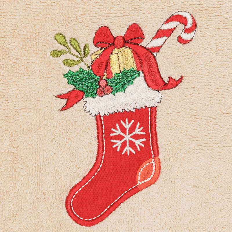 Christmas Stocking Embroidered Luxury Turkish Cotton Hand Towel, Sand