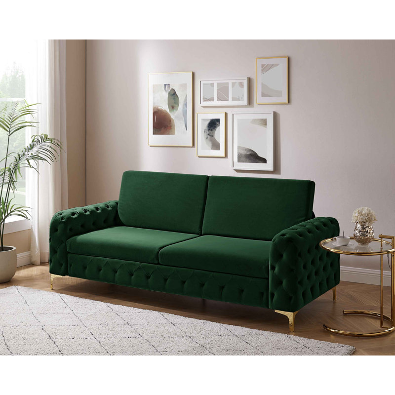 Bushong 222Cm Velvet Square Arms Sofa, Gold, Green Velvet