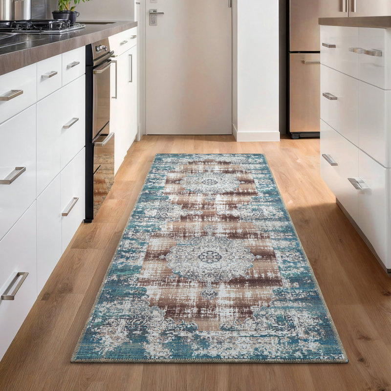 GLN Rugs Vintage Collection - Machine Washable Area Rug, Vintage Washable Rug, Non Slip Area Rug, Low Pile Living Room Rug, Bedroom Rug, Bathroom Rug - Easy Clean (Blue and Tan Rug)