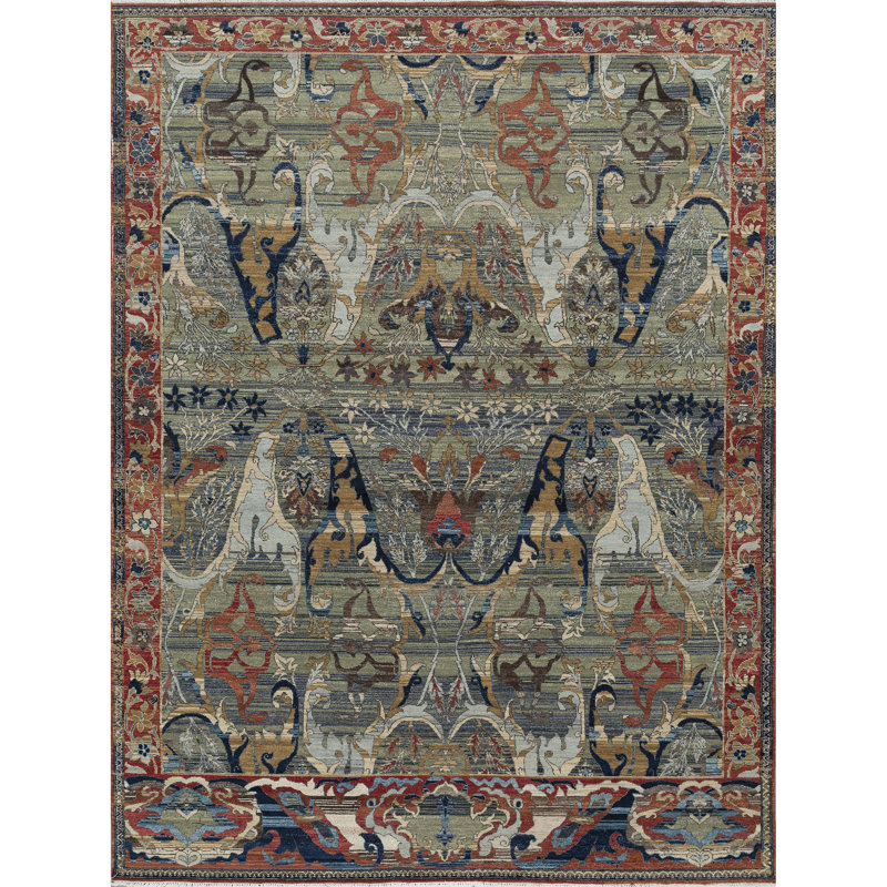 High-Quality Hand-Knotted Charcoal And Red Area Rug, Rectangle 6' x 9'