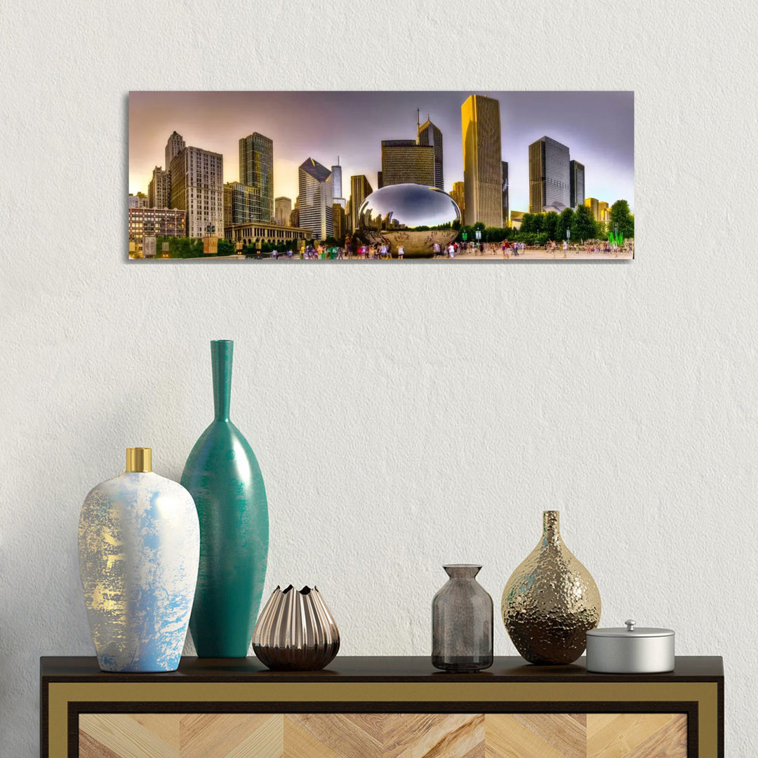 Chicago Skyline Cityscape (Sunset) - Wrapped Canvas Panoramic Print