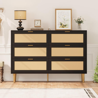 Rattan 6-Drawer Dresser – Gold Accents, Wide Top, Black, Anti-Tip Design