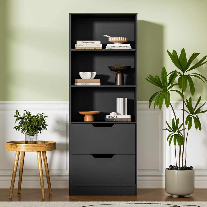 Bibliothèque à 2 tiroirs, bibliothèque à 3 niveaux de 63 po avec rangement, bibliothèque à 3 tablettes avec tablette réglable, bibliothèque moderne, bibliothèque à tablettes ouvertes pour bureau, chambre à coucher et bureau personnel, noir