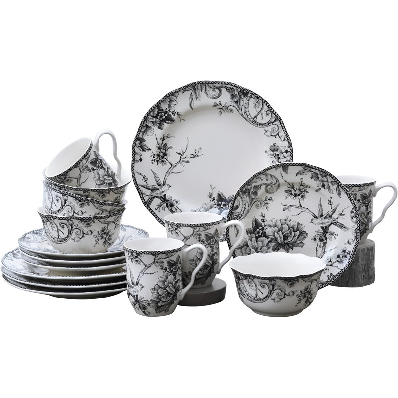Service de table 16 pièces, service pour 4 Adelaide, Noir, Floral