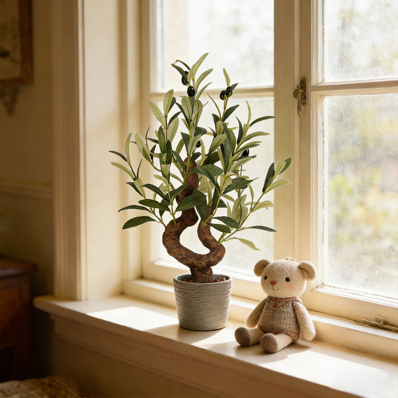 20" Artificial Olive Bonsai Tree With Realistic Leaves In Planter, Faux Evergreen Plant In Decorative Pot, 20" x 9"