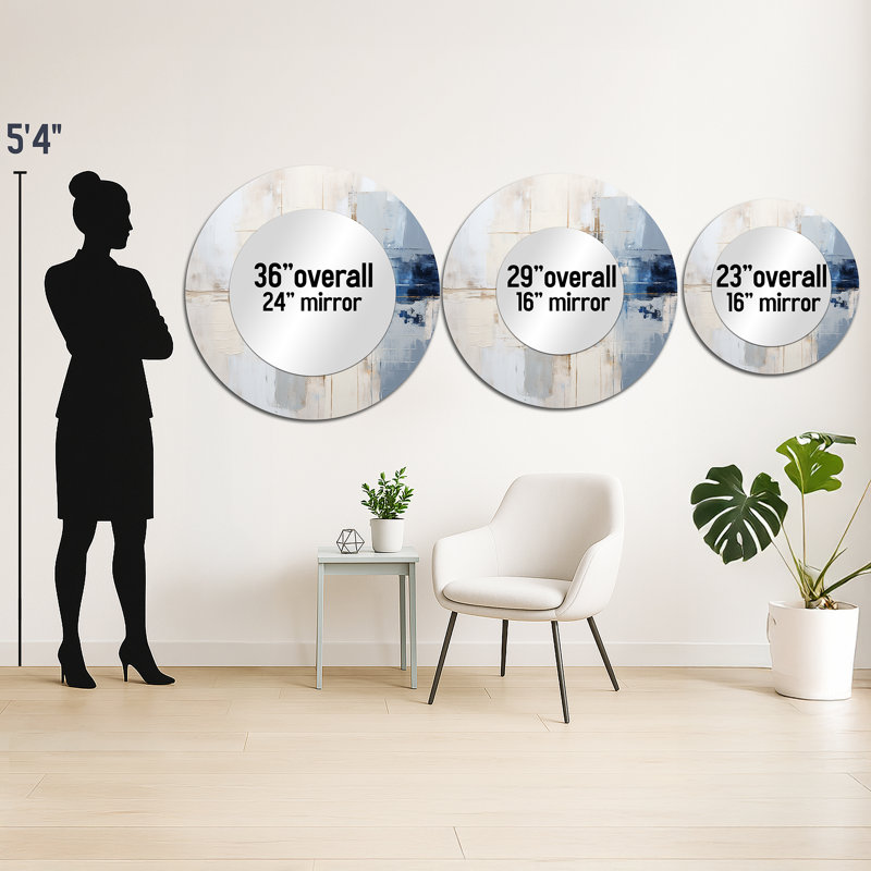 Serach White And Blue Paint Fusion - Abstract Painting Mirror, Beige Round Decorative Wall Mirror, Printed Metal Art