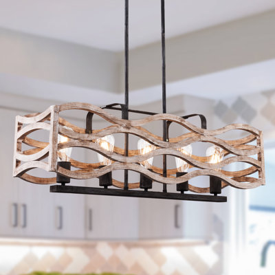 34" 5-Light Coastal Wood Chandelier Adjutable Pendant Light for Kitchen Island