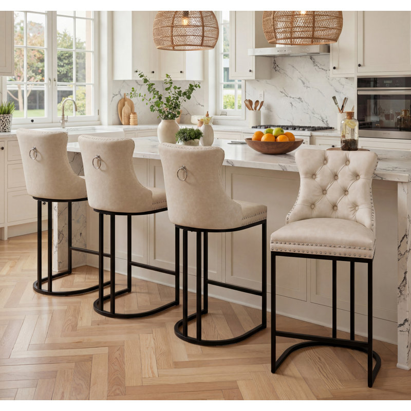  26'' Modern Counter Stools with Tufted and Nailhead Trim, Beige Seat/Black Legs/Faux Leather