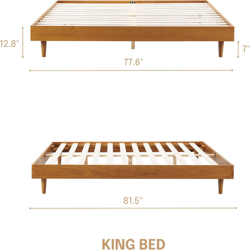  Base de lit en bois massif Fly sans tête de lit et lattes silencieuses, capacité de 1000 lb, Chêne rustique, King