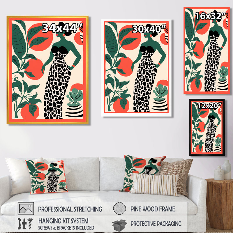 Femme rétro africaine avec robe à motif léopard - reproduction d'art mural africain, Toile tendue, H 32 po x l 24 po x P 1 po