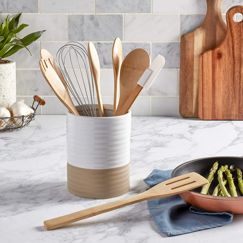 White and Brown Ceramic Utensil Holder with Bamboo Tools