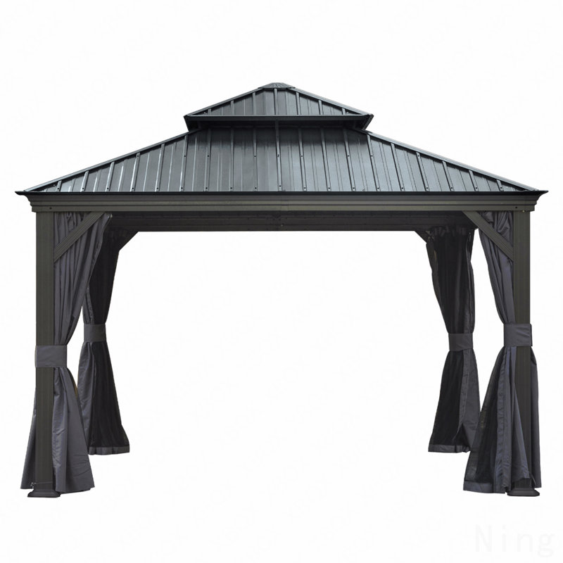 12X12FT Gazebo Metal, Mosquito Net For Outdoor Use With Galvanized Steel Double Roof & Drainage System (Grey), Gray
