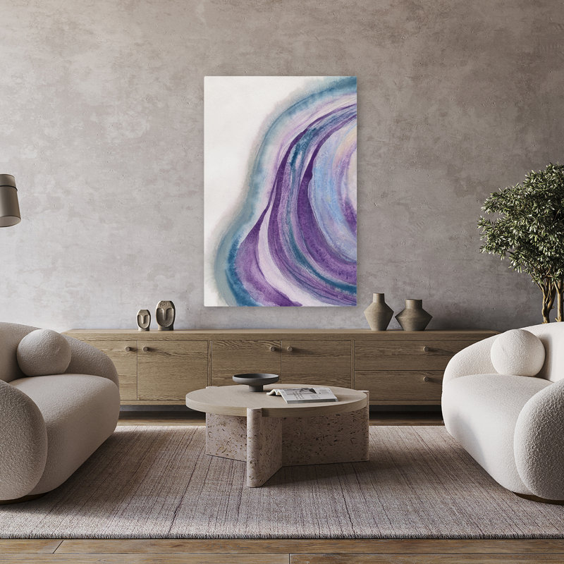 Aquarelle géode I - art abstrait gris à géométrie bleue, H 48 po x l 32 po