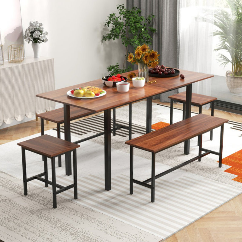 5 Piece Dining Table Set for 4-6 with 2 Benches & 2 Stools for Kitchen Dining Room, Walnut, Walnut