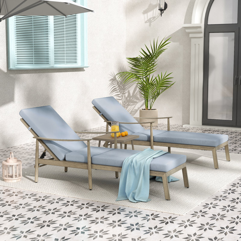 2-Piece Aluminum Patio Chaise Lounge With Side Table And Cushions, Blue Cushion/Light Brown Frame