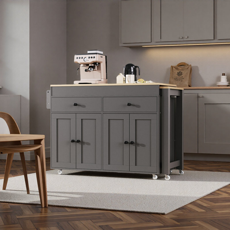 Îlot de cuisine 74,5 pouces avec table de salle à manger extensible, îlot de cuisine sur roulettes avec support à épices et 2 tiroirs, chariot de rangement de cuisine avec armoire à 4 portes, pour la cuisine, la salle à manger