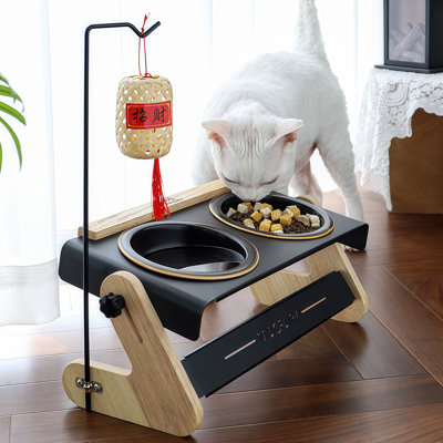 Bols doubles réglables en céramique pour animaux avec support en bambou et fer, mangeoire pour animaux de protection pour le cou pour l'intérieur et l'extérieur, pour chats et petits chiens, style 04 po noir