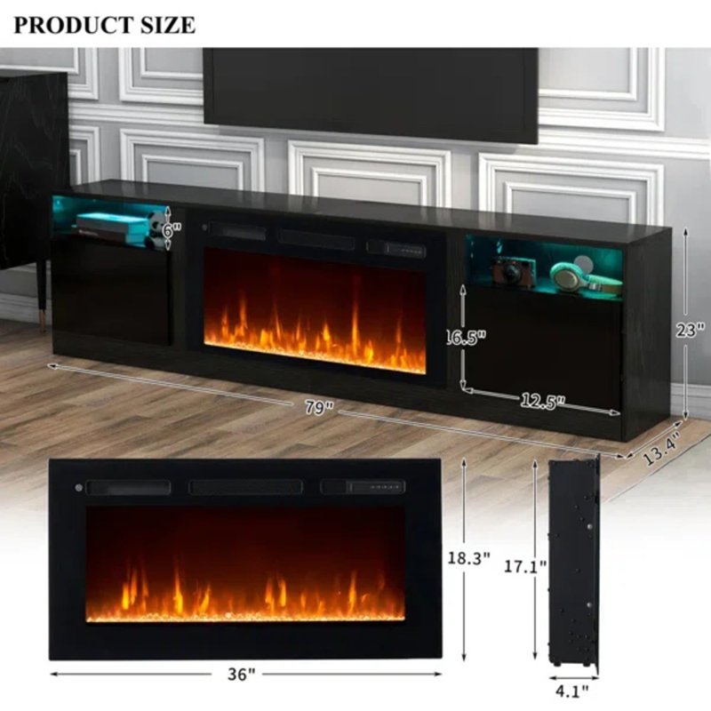 Glenyce TV Stand Fireplace for TVs up to 88" Fireplace, Black