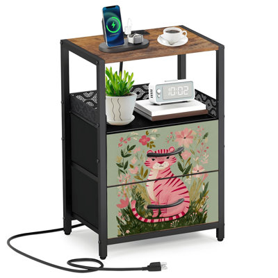 Table de chevet 2 tiroirs en tissu avec station de charge Table de chevet botanique et pastel rose