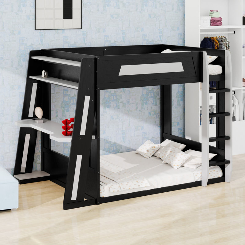 Wooden Gaming Bunk Bed With Desk,Two Storage Shelves,USB And LED Light, Black/Gray