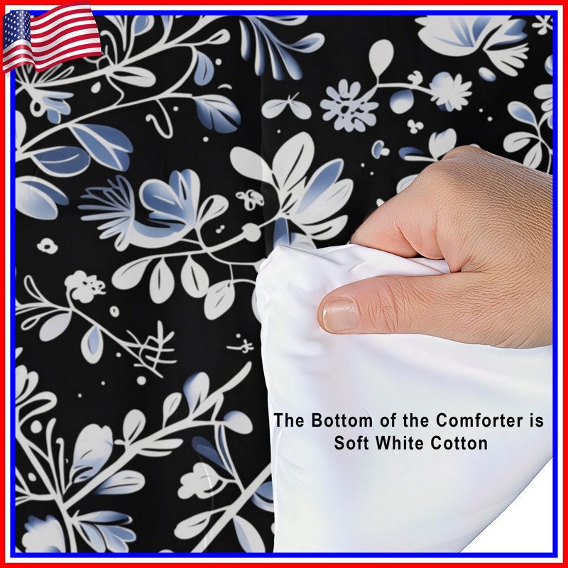 Black White Floral Illustration Comforter, King