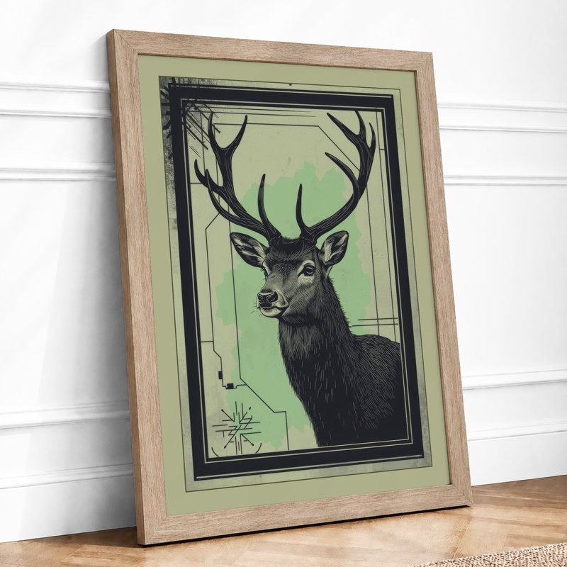 Antlered Deer Boho - Framed Print, A2 - 59.4 x 42.0 cm, Oak