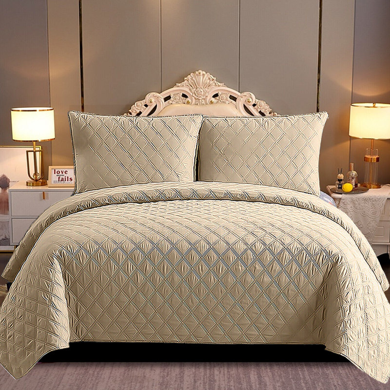 Polyester Solid Colour Bedspread with Pillow Shams, Double Bedspread + 2 Standard Shams, Beige