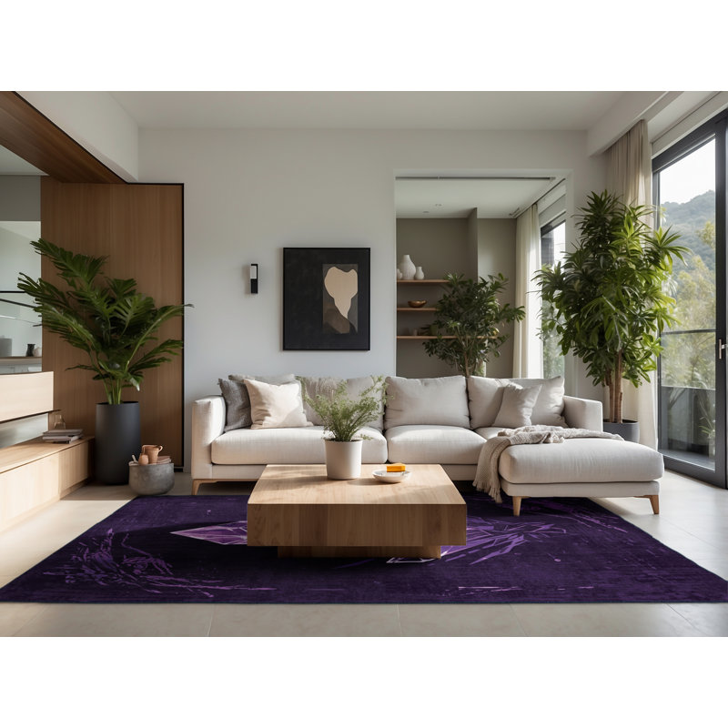 Soft Plush Ferree Halloween Modern & Contemporary Abstract Area Rug in Purple – Navy Binding, 2x3