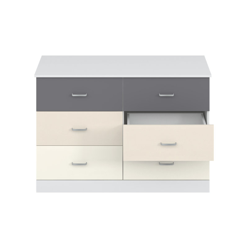Allyannah 47" W 6-Drawer Manufactured Wood Double Dresser with Interlocking Drawers, White/Night Owl/Parchment/Ivory
