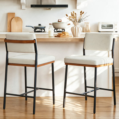 Linen Fabric Bar Stools Set of 2,26 Inch Modern Counter Height Bar Stools for Kitchen Island,Counter Stools with Wide Back Sturdy Metal Legs,White