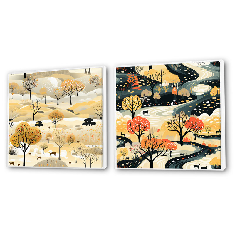 Beige et crème Safari Adventure Tree Landscape, Cadre flottant blanc, H 30 po x l 61 po