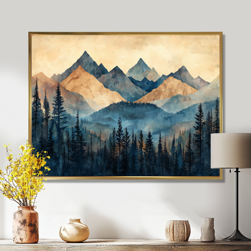 «Gintaris Mountain Forest Pine Tree Roots V», art mural montagnes, H 30 po x l 40 po, Reproduction avec cadre flottant, Doré