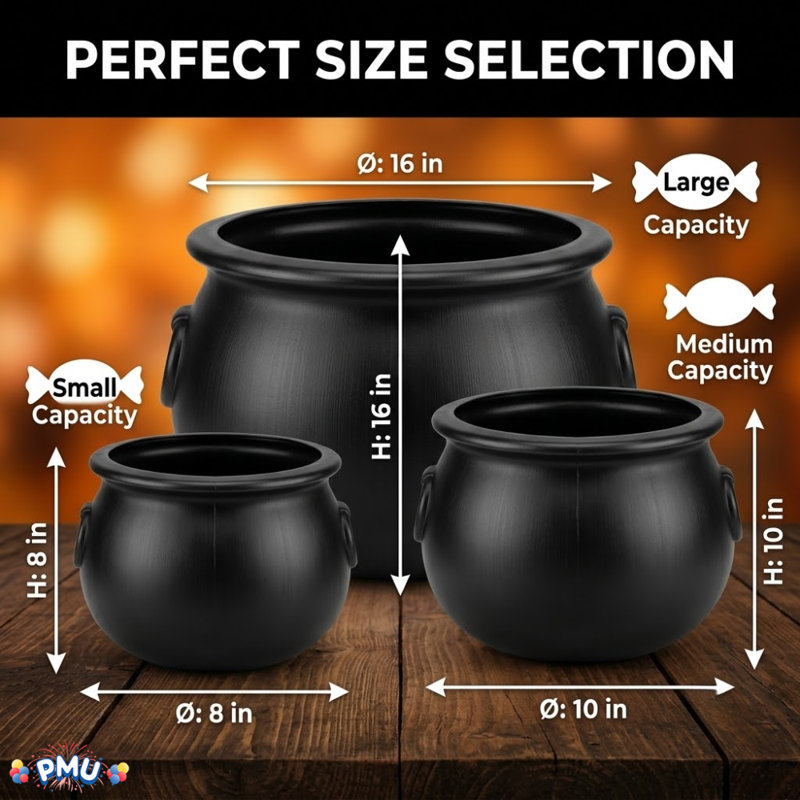 PMU Halloween Cauldron - Ensemble de porte-bonbons en plastique pour enfants - Articles de fête d'Halloween - ensemble de 3 pièces - 16 po 20115, 12 po 55120, 8 po 55280 (NH)