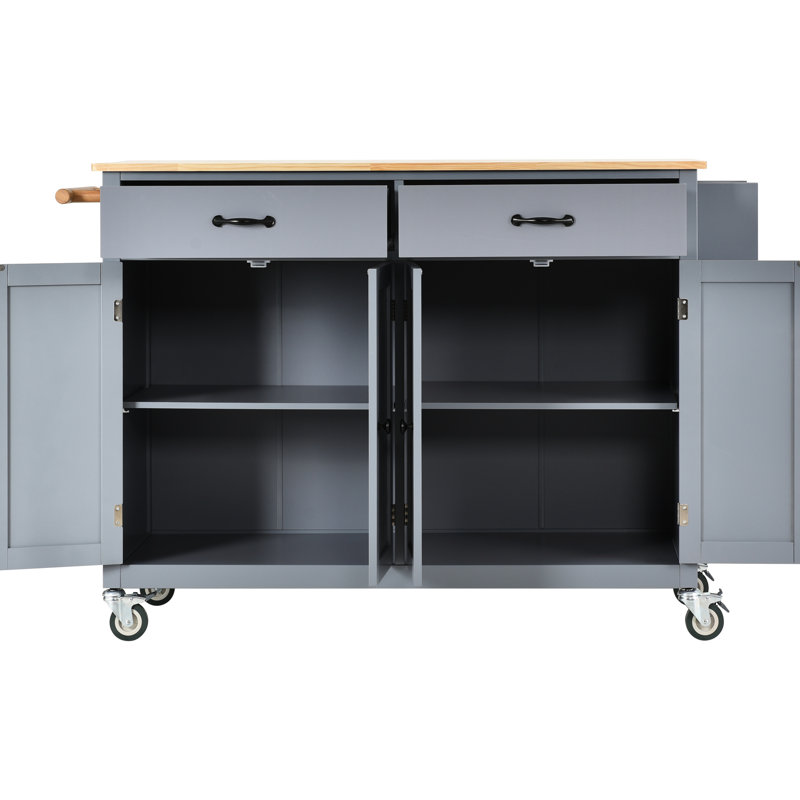 Chariot pour îlot de cuisine avec plateau en bois massif stable, armoire à 4 portes, 2 tiroirs, porte-épices et porte-serviettes, roues verrouillables, plateau gris-bleu et tablettes
