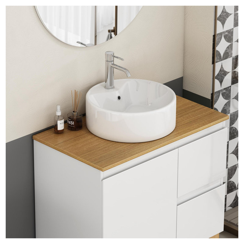 Lavabo vasque de salle de bain 15,7 po, lavabo rond en céramique avec trou de trop-plein, lavabo de comptoir blanc brillant pour la rénovation de salle de bain moderne