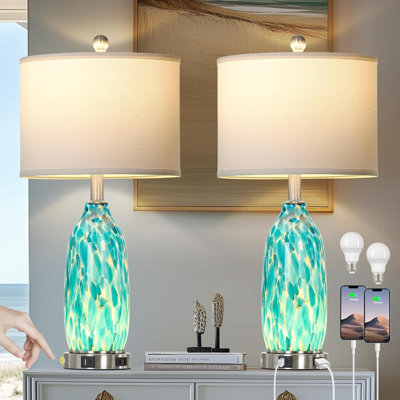 Set Of 2 Glass Table Lamps With USB Ports & AC Outlet, 3-Way Dimmable Touch Control Night Light, Coastal Nautical Bedside Lamps For Bedroom Living Room Office Decor