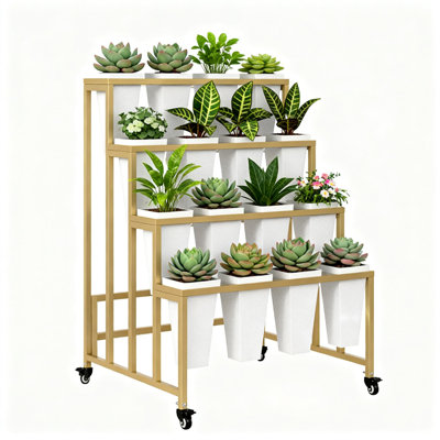 4-Tier Flower Display Stand With 16 Removable Buckets, Heavy-Duty Metal Plant Cart With Locking Wheels For Indoor Outdoor Garden Wedding Florist Use