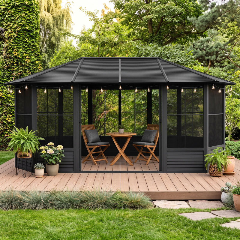 Gazebo Penguin Florence Solarium 3,66 m x 5,49 m Toit en métal noir, 18 pi. L 12 pi. D, Noir, Noir