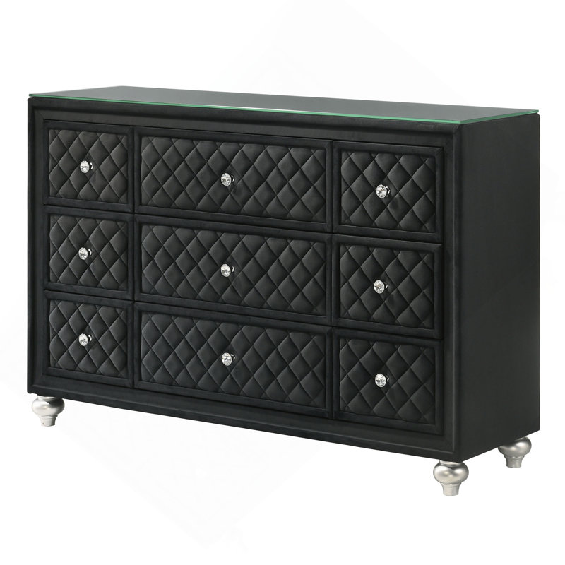 1Pc Traditional Nine Drawers Velvet Tufted Drawer Fronts Faux Crystal Drawer Knobs Diamond-Patterned Tufted Accents