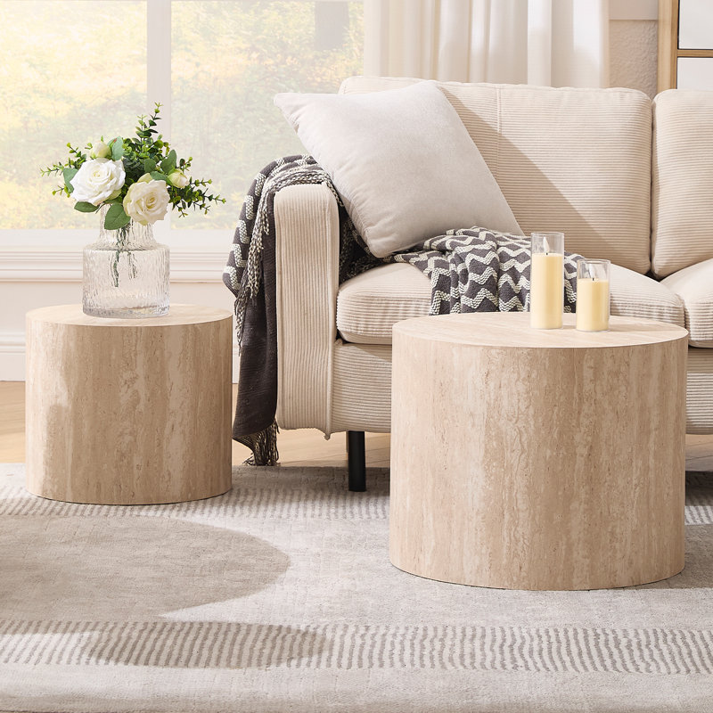 Round Nesting Drum Coffee Table For Living Room, Bedroom Without Assembling, Beige