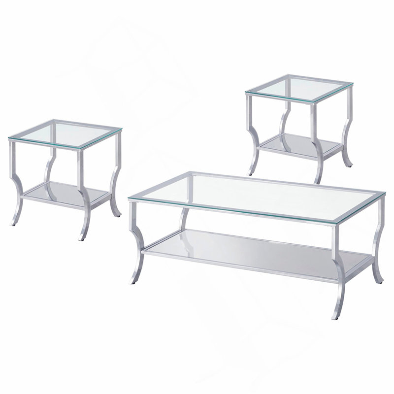 Ensemble de 3 tables basses chromées, Chrome, 19.25" H x 47.25" W x 23.5" D, Clear / Chrome
